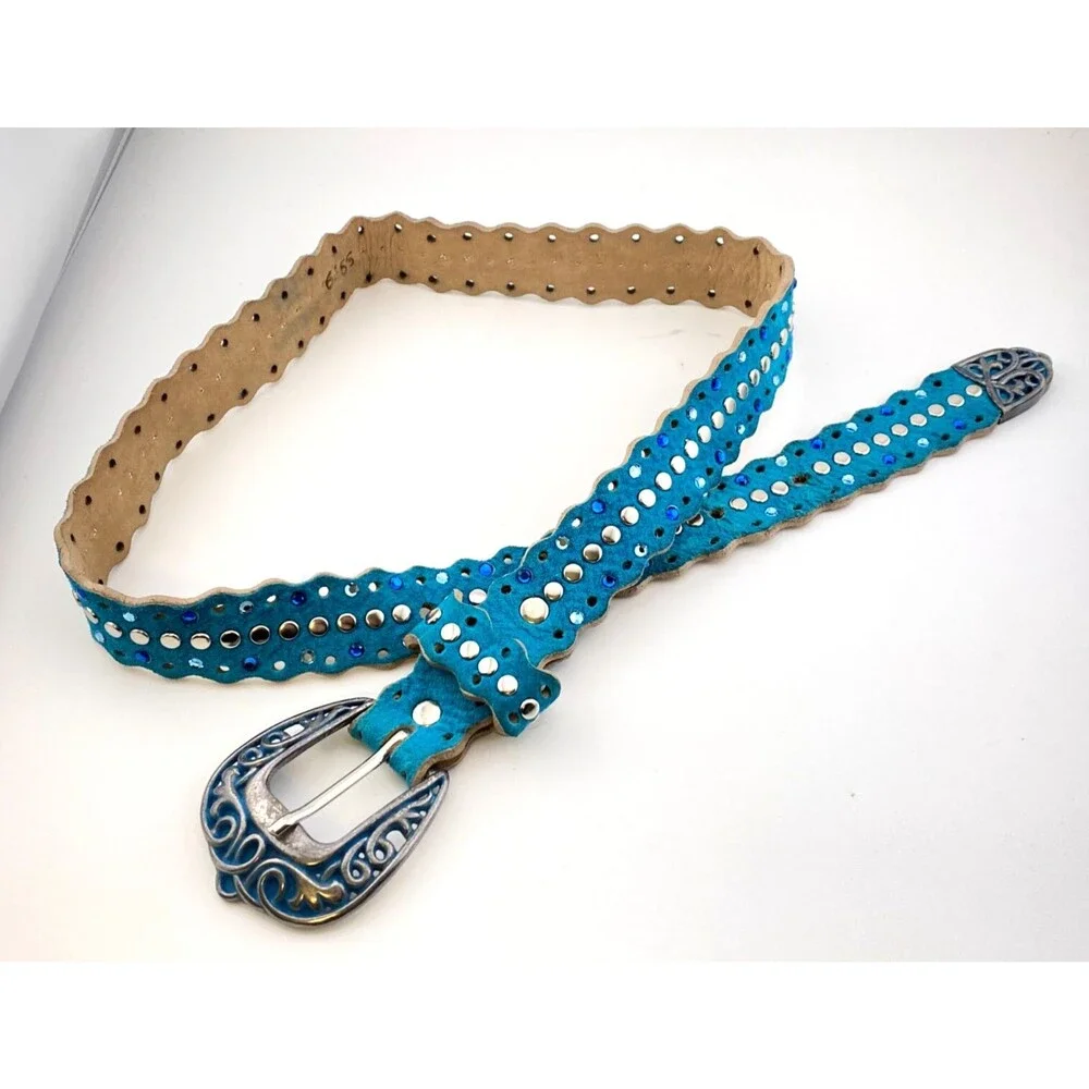 Vtg Leather Western Belt Womens S Rhinestone Studs Cowgirl Turquoise Blue Suede